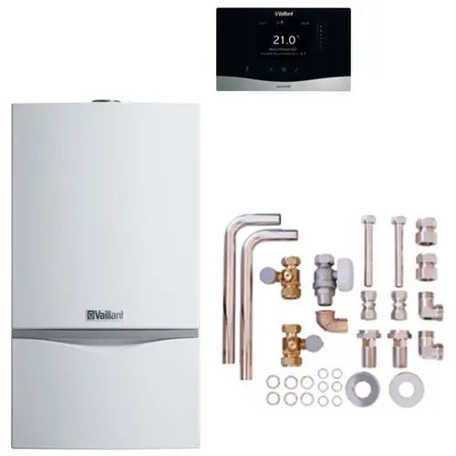 Vaillant-Heizkessel in Weiß mit Zubehörteilen, einschließlich Rohren, Ventilen und Verbindungselementen. Display zur Temperatureinstellung. 